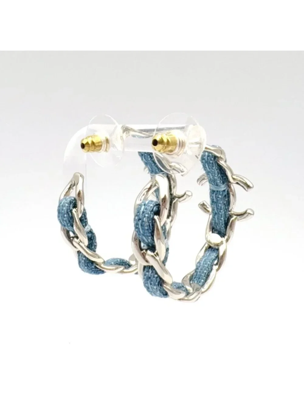 Chanel CC Logo Hoop Metal Denim Silver Blue Earrings